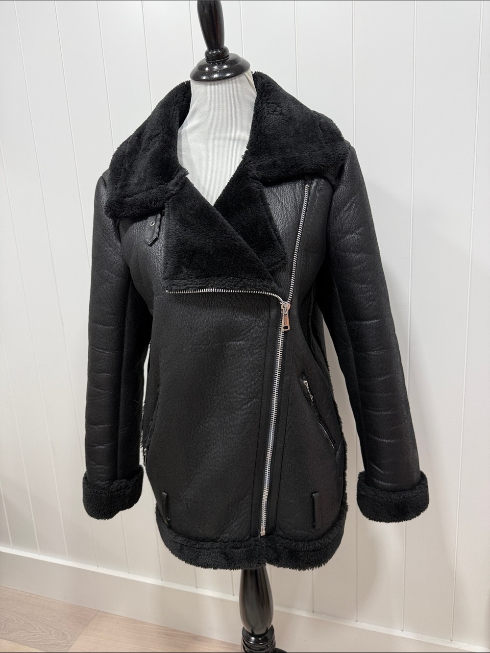 Black Faux Shearling Aviator Jacket - Women